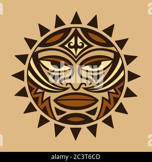 Color ethnic symbol-mask of the Maori people - Tiki. Thunder-like is symbol of God. Sacrad tribal sign in the Polenesian style for application of Tatt Stock Vector