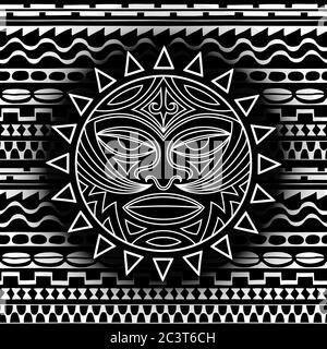 Ethnic symbol-mask of the Maori people - Tiki on seamless pattern. Thunder-like is symbol of God. Sacrad tribal sign in the Polenesian style for appli Stock Vector