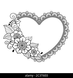 Pattern in form of heart for Henna, Mehndi, tattoo, decoration -frame. Decorative ornament in ethnic oriental style. Coloring book page. Stock Vector