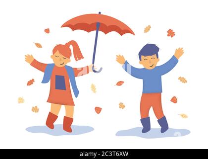 Autumn Girl with an umbrella and a boy jump in puddles Stock Vector