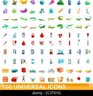 100 universal icons set. Cartoon illustration of 100 universal icons vector set isolated on white background Stock Vector