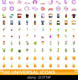 100 universal icons set. Cartoon illustration of 100 universal icons vector set isolated on white background Stock Vector