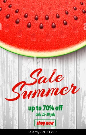 Summer Sale banner with Watermelon on Wooden Background Stock Vector