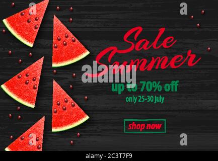 Summer Sale banner with Watermelon on Wooden Background Stock Vector