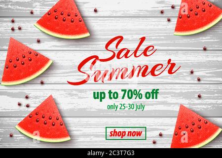 Summer Sale banner with Watermelon on Wooden Background Stock Vector