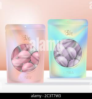 Vector Scented Bath Bomb in Iridescent Abstract Printed Zip Lock Pouch, Sachet or Packet Packaging with Clear Round Window. Stock Vector