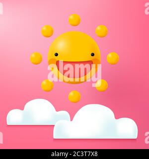 3D illustration Smiling Sun Cartoon with Clouds in Pink Background Stock Vector