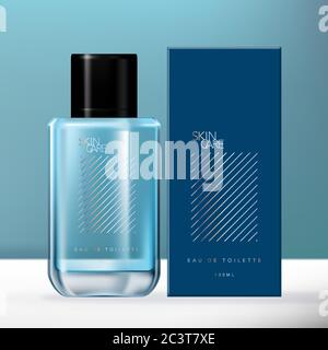 Vector Blue & Holographic Men Fragrance Glass Bottle Packaging Set with Carton Box. Stock Vector