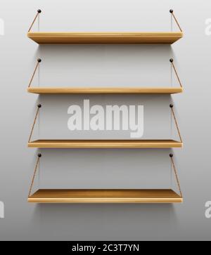 Empty wooden bookshelves on wall, shelves for books in library, wood rack hanging on ropes in store, brown timber planks for storage or gallery exhibition, realistic 3d vector illustration, mockup Stock Vector