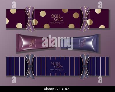 Vector Seasonal Gift Cracker Box Packaging with Grosgrain Ribbon. Blue & Purple, Stripe & Spot Pattern. Metallic Hand Cream Tube. Stock Vector