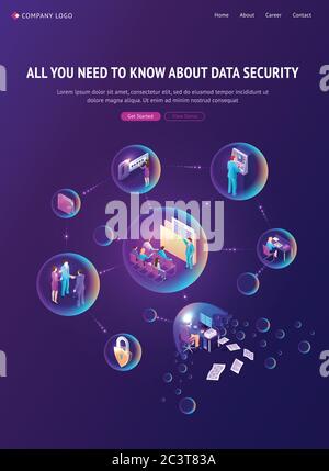 Cyber data security isometric landing page. Computing internet digital technology, information database protection. People conduct cash transactions inside of transparent bubbles, 3d vector web banner Stock Vector