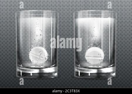 Effervescent pills with fizz bubbles in water glass. Aspirin tablets, soluble vitamin or headache pharmaceutical remedy capsules, isolated on transparent background. Realistic 3d vector illustration Stock Vector