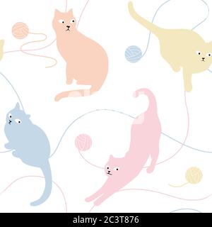 Cat Silhouette Playing Knitting Yarn Ball Seamless Pattern, Multi Pastel Colors. Stock Vector