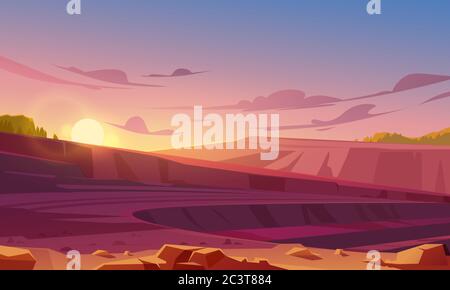 Landscape with mining quarry at sunset. Opencast mine with rubble, sand or marble. Vector cartoon illustration of ore extraction open cast, digging pit in rock, earth or sandstone Stock Vector