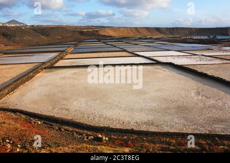 Lanzarote salt flats. Working salt works at Salinas de janubio on the west coast, Lanzarote, Canary Islands, Europe Stock Photo