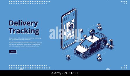 Delivery tracking banner. Online mobile service for track shipping parcel, cargo or post. Vector landing page with isometric smartphone with map application and courier car Stock Vector
