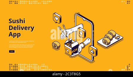 Sushi delivery isometric landing page. Mobile app, online service for order Japanese food and asian meals. Human hands giving wok box with noodles from smartphone screen 3d vector line art, web banner Stock Vector
