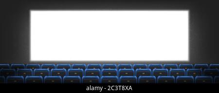 Cinema screen, lightbox in movie theater hall with seats rows. Blank television monitor on dark wall background. White glowing display for video presentation, realistic 3d vector empty plasma panel Stock Vector