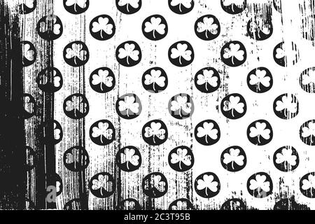 Grunge pattern with stamp icons of shamrocks. Horizontal black and white backdrop. Stock Vector