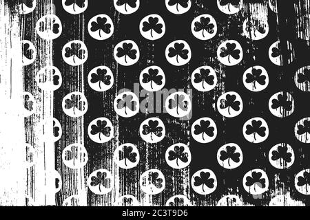 Grunge pattern with stamp icons of shamrocks. Horizontal black and white backdrop. Stock Vector