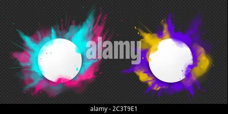 Color powder explosions. Splash of paint dust with white round banner. Vector realistic clouds of colorful powder, burst effect with copy space for text isolated on transparent background Stock Vector