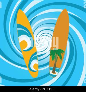 Decorated Surfboard With Ocean Waves And Tropical Palm Tree Over Blue And White Abstract Swirl Background Stock Vector