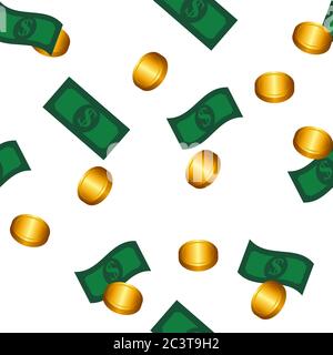 Money seamless pattern. Green dollar bills and coins. Stock Vector