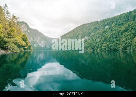 Mountain panorama in a foggy morning with green pine forest and lake reflections. Peaceful spring summer green landscape Stock Photo