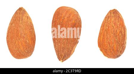 Three Almond kernels on a white background Stock Photo