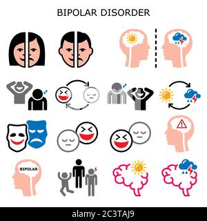 Bipolar disorder vector color icons - mental health concept, people experiencing extreme happiness and sadness Stock Vector
