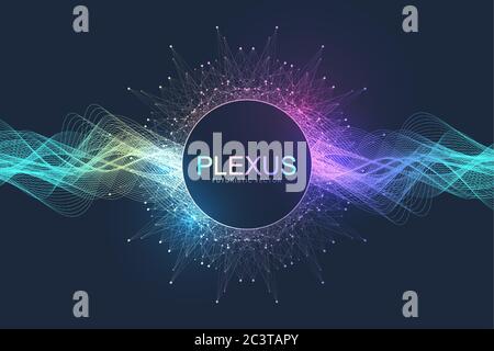 Abstract geometric background with dynamic particles, wave flow. Big data, plexus stream background. Perspective data visualization with fractal Stock Vector
