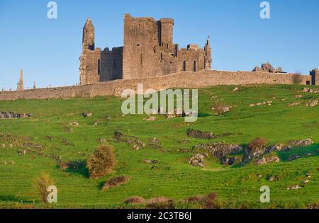 Ireland, County Tipperary,  Rear view of the Rock of Cashel, a spectacular group of Medieval buildings set on an outcrop of limestone in the Golden Vale. Stock Photo