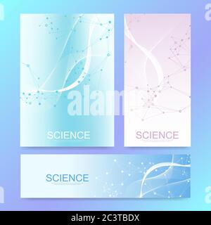 Science banner design template with colorful molecules on modern background. Scientific vector illustration for Science or Medical background. Wave Stock Vector
