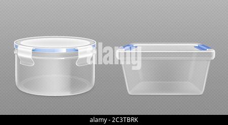 Empty clear package box closed by lid. Vector realistic mockup plastic container, kitchen bucket for dry products isolated on transparent background Stock Vector