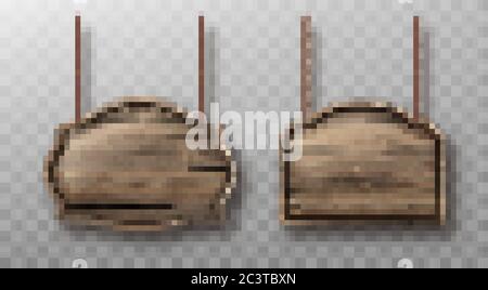 Wooden boards hang on ropes set. Realistic signboards with wood texture, banners or labels for bar or saloon in rustic style. Blank vintage plank panels for menu or pub entrance 3d vector illustration Stock Vector
