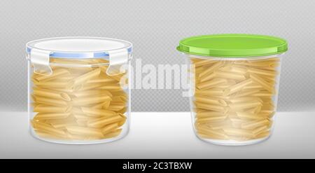 Pasta in clear package box closed by lid. Vector realistic mockup of penne macaroni in plastic container, kitchen bucket for dry products isolated on transparent background Stock Vector