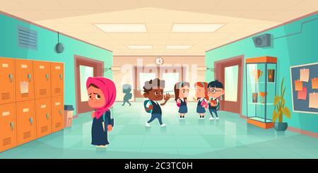 Sad muslim girl in school hallway and teenagers behind her back. Vector cartoon illustration with children different nationalities. Social communication problem, bullying and racism concept Stock Vector