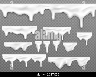 Realistic dripping milk drops, melted white liquid yoghurt, mayonnaise splashes, glossy seamless cream border with falling droplets, molten texture isolated on transparent background, 3d vector mockup Stock Vector