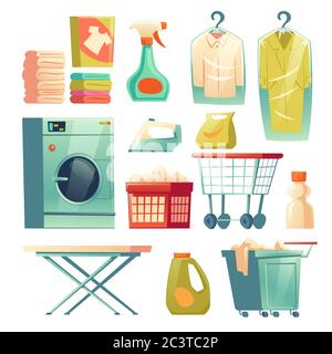 Dry cleaning service. Laundry equipment isolated on white background. Vector cartoon set of washing machine, iron and ironing board, detergents, cart for clothes and jacket on hanger Stock Vector