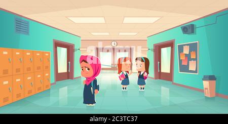 Sad muslim girl in school hallway and teenagers behind her back. Vector cartoon illustration with lonely islamic student with scarf on head. Social communication problem, bullying and racism concept Stock Vector