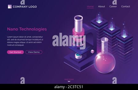 Nano technologies isometric landing page, electronic microscope, glass lab flask with pink liquid and neon glow processors in chemical laboratory, biotechnology science, research. 3d vector web banner Stock Vector