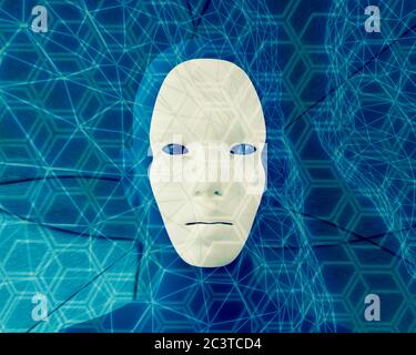 Robot face, futuristic background, hi-tech concept. Artificial Intelligence. A futuristic blue business background featuring an avatars face. 3d illus Stock Photo