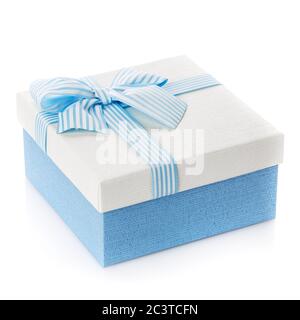 Blue gift box with ribbon and bow on white background. Stock Photo