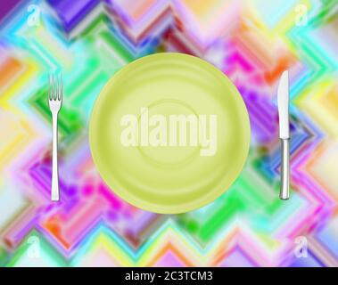 Empty dinner plate on a bright tablecloth, fork and knife, view from above. 3d render Stock Photo