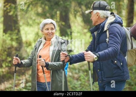 Waist up portrait of active senior couple enjoying Nordic walking with poles during hike in forest Stock Photo