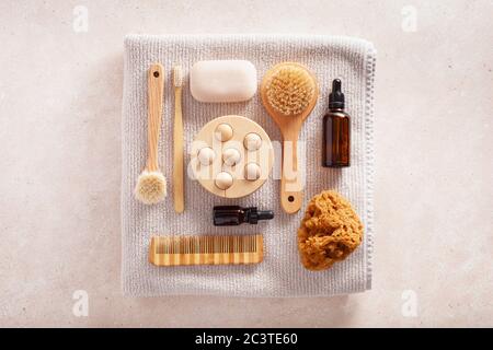 zero waste eco friendly hygiene bathroom concept. wooden toothbrush soap brush cosmetic Stock Photo