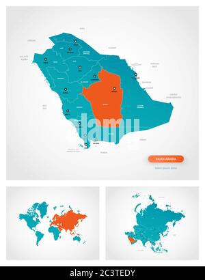 Editable template of map of Saudi Arabia with marks. Saudi Arabia on world map and on Asia map. Stock Vector