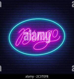 Bingo neon sign on brick wall background. Stock Vector
