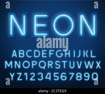 Neon glowing blue 3d letters and numbers. Stock Vector