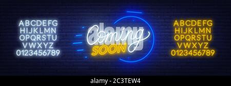 Coming soon neon sign on brick wall background. Template for design. Neon alphabet . Stock Vector